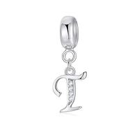 Symretie Initial Letter 'T' 925 Sterling Silver Charm Bead - Compatible with Pandora Bracelets, Dangle Pendant Charm, Suitable for Necklaces & Bracelets, Ideal Jewelry Gift for Women