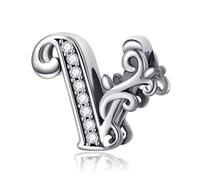 Symretie Initial Letter 'V' 925 Sterling Silver Charm Bead - Compatible with Pandora Bracelets, Dangle Pendant Charm, Suitable for Necklaces & Bracelets, Ideal Jewelry Gift for Women