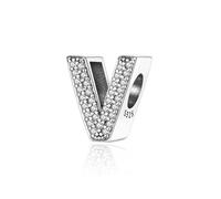 Symretie Initial Letter 'V' 925 Sterling Silver Charm Bead - Compatible with Pandora Bracelets, Dangle Pendant Charm, Suitable for Necklaces & Bracelets, Ideal Jewelry Gift for Women