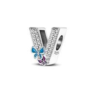 Symretie Initial Letter 'V' 925 Sterling Silver Charm Bead - Compatible with Pandora Bracelets, Dangle Pendant Charm, Suitable for Necklaces & Bracelets, Ideal Jewelry Gift for Women