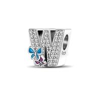 Symretie Initial Letter 'W' 925 Sterling Silver Charm Bead - Compatible with Pandora Bracelets, Dangle Pendant Charm, Suitable for Necklaces & Bracelets, Ideal Jewelry Gift for Women