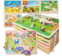 SYNARRY Wooden Animals Jigsaw Puzzles for 1 2 3 Year Olds, 6 Set Educational Puzzles Toys for Todders 1-3, Montessori Gift Toys for Boys Girls
