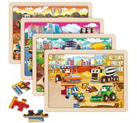 SYNARRY Wooden Construction Vehicles Jigsaw Puzzles for Kids, 24 Piece Monster Truck Puzzles for 3 4 5 6 Year Olds, Construction Toys Gifts for Children Boys Girls