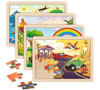 SYNARRY Wooden Jigsaw Puzzles for 3 4 5 6 Year Olds, Monster Truck Toys | Monster Truck Theme, 4 Packs 24 Piece, Educational Toys for Kids, Gifts for Children