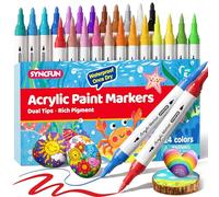SYNCFUN 24 PCS Acrylic Paint Markers, Dual Tip Waterproof Pen with Brush and Bullet Tip for Paper, Window, Fabric, Canvas, Rock, Wood, Glass, Metal, Ceramic, Art Supplies, DIY Crafts