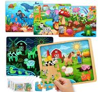 SYNCFUN 4-in-1 Animal Wooden Jigsaw Puzzles for Kids Ages 3-5, 24 & 35 PCS Jigsaw Puzzles with Storage Bags, Farm, Ocean, Zoo, Glow in The Dark Educational Toys, Birthday Gifts for Boys Girls