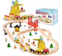 SYNCFUN 60PCS Montessori Wooden Train Set - Construction Express, Engineering Railway with Magnetic Crane, Trains & Accessories, Birthday Gift Train Set Toy for 3 4 5 Years Old Toddlers Boys Girls