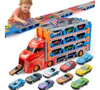 SYNCFUN 8ft/2.4M Car Track Toys for 3 Year Old Boys, Extra Long Race Track Transporter Car as Boys Toys Age 3 4 5 6, Giant Carrier Truck with Lights & Sounds for Christmas Birthday Gifts