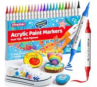 SYNCFUN Acrylic Paint Pens 24 Colors, Dual Tip Acrylic Paint Markers with Bullet & Brush Tip for Rock Painting, Glass, Cards, Wood, Egg, Canvas, Ceramic, Fabric, leather, DIY Crafts