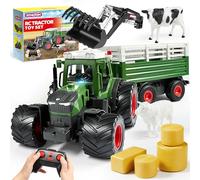 SYNCFUN Remote Control Tractor Toy Set with 2 Rechargeable Batteries - Large Farm Vehicle with Trailer, Loader, Lights & Sounds