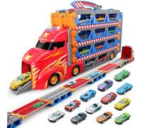 SYNCFUN Transport Race Truck Toy Cars,8-Foot Giant Race Track Carrier Truck Toy,Foldable 3-Layer Set with 12 Metal Cars,Lights & Sounds,Gift for 3 4 5 6 7 Year Olds Boys and Girls