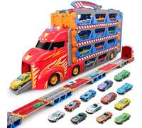 SYNCFUN Transport Race Truck Toy Cars,8-Foot Giant Race Track Carrier Truck Toy,Foldable 3-Layer Set with 12 Metal Cars,Lights & Sounds,Gift for 3 4 5 6 7 Year Olds Boys and Girls