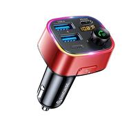 SYNCWIRE Bluetooth 5.3 FM Transmitter for Car, 48W Max Dual USB Bluetooth Car Adapter, Wireless Radio Receiver, Hands-Free Calling, Music Player Support 64G Drive with Light Switch Car Charger, Red