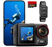 syndesmos Waterproof Action Camera 5K 30FPS, Dual Touch Screen, 64MP Ultra HD underwater camera, EIS Anti-Shake Outdoor vlog camera, IMX386 12MP Sensor, 1350mAh, 64GB Card, Remote Control and Kit