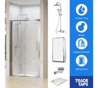 Synergy Chrome Single Sliding Door 800 X 1400mm, Tray, Waste & Trisen Round Shower Full Set