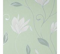 Synergy Floral Green Wallpaper - Silver Glitter Metallic Modern Textured Feature Wall Contemporary