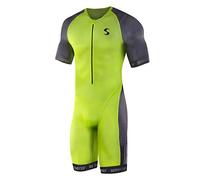 Synergy Triathlon Tri Suit - Men's Elite Short Sleeve Trisuit Cycling Skinsuit (Neon Lime/Steel, Large)