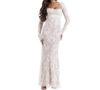 SYNHSWHN Maxi Dress, 2 Piece Corset Capelet Floral Soft Mesh Sexy Evening Shawl Drawstring Lace Dress (XS,White)
