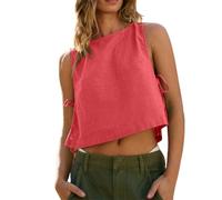 synound Cotton Linen Crop Top for Women Summer Tank Tops Sleeveless Split Tie Side Boxy Cropped Casual Loose Going Out Vest, Pink, M