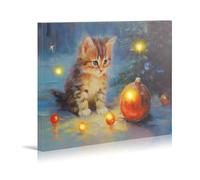 Synovana Christmas LED Lighted Canvas Wall Art - 16" x 12" Kitten Light Up Xmas Holiday Pictures Decoration Wall Art Prints for Living Dining Room Decor