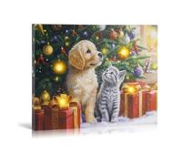 Synovana Christmas LED Lighted Canvas Wall Art - 16" x 12" Puppy and Kitten Light Up Xmas Holiday Pictures Decoration Wall Art Prints for Living Dining Room Decor