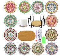Syntego 12pcs Full Drill 5D Diamond Painting Coasters Kit - DIY Round Mandala Medallion Diamond Art Drink Mats with Holder, Acrylic Coaster Set with Cork Base, Pen, Tray, Clay & Rhinestones