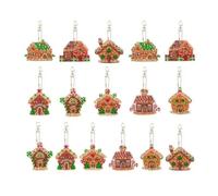 Syntego 16 Pcs 5D DIY Assorted Gingerbread House Christmas Diamond Art Keyrings by Numbers Acrylic Kit for Arts and Crafts
