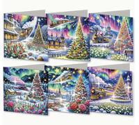 Syntego 6pcs DIY Festive Christmas Flying Train | Northern Lights Diamond Painting Greeting Card Kit for Adults | 5D Art Set Handmade Envelope Pack | Decorative Holiday Craft Stationery Collection