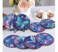 Syntego 8pcs 5D Diamond Painting Coasters Colourful Purple Butterfly DIY Coaster Kit with Holder, Acrylic Drink Mats with Rhinestones, Pen, Tray, Glue for Crafts, Home Decor, & Gifting
