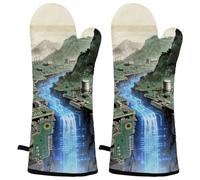 Synth Beat Heat Resistant Oven Mitts, 2 Pairs Non-Slip Silicone & Cotton Lining, Flexible Kitchen Gloves for Baking, Grilling, Cooking, Microwave & Air Fryer (Black & Gray)