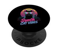 Synth Cat Vibes Retro 80s DJ Kitty Music PopSockets Adhesive PopGrip