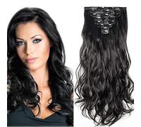 Synthetic Curly Hair Extensions Clip In 8 Pieces Silky 18 Clips Full Head Natural Hairpieces Fibre Hair - Dark Black(Length:17"/43CM)