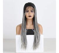 Synthetic Front Wigs Ombre Gray Braided Braid Wig Female Long Front Wig Two Tone Gray Heat Resistant 150% Density Wig,A,24 Inches (18 Inches|A)