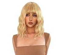 Synthetic Hair 14inch Short Blonde Golden Lolita Cosplay Synthetic wigs With Bang for Women Daily Natural Wavy Fake Hair Heat Resistant Fiber Wigs for Women