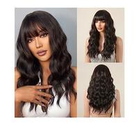 Synthetic Hair 20inch Dark Brown Black Long Curly Wave Synthetic Wigs with Bangs for Afro Women Daily Cosplay Party Natural Heat Resistant Fake Hairs Wigs for Women