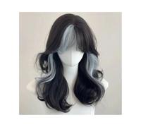 Synthetic Hair Black Blue Highlights Short Synthetic Wavy Wig with Bangs Fluffy Heat Resistant Wig Wigs for Women