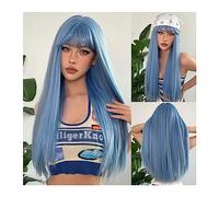 Synthetic Hair Blue Highlight Cosplay Synthetic Hair Wigs Long Straight Colorful Halloween Wig with Bangs for Women Afro Heat Resistant Wigs for Women