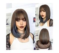 Synthetic Hair Brown Ombre Blue Short Bob Hair Wig With Bangs Synthetic Wigs For Women Lolita Cosplay Daily Natural Heat Resistant Fiber Hair Wigs for Women