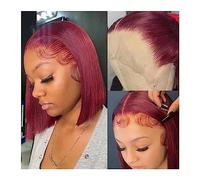 Synthetic Hair Burgundy HD Transparent Short Bob Human Hair Wigs Red Straight 13x6x1 Lace Front Wig For Women Pre Plucked Wigs for Women(12inches 1PC)