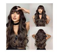 Synthetic Hair Dark Brown Long Water Wave Synthetic Wigs with Bangs Natural Mixed Platinum Wavy Fake Hairs Wig for Women Daily Party Resistant Wigs for Women