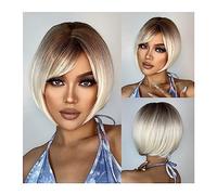 Synthetic Hair Short Bob Synthetic Wig Platinum Blonde Ombre Straight Wigs with Bangs for Black Women Afro Heat Resistant Cosplay Daily Hair Wigs for Women
