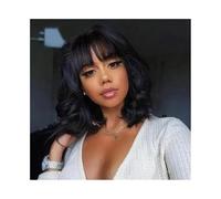 Synthetic Hair Short Body Wave Human Hair Bob Wigs with Bangs Brazilian Wig for Women Wigs for Women(12inches)