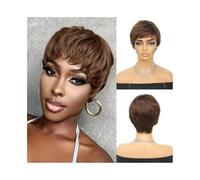 Synthetic Hair Short Wig Layered Chocolate Brown Cut Human Hair Wig 4# Straight Hair Pixie Wigs with Bangs Wigs for Women