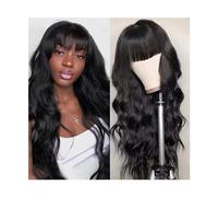 Synthetic Hair Wig with Bangs Human Hair Body Wave None Lace Front Wigs for Black Women 14-40 Inch Long Glueless Full Machine Remy Hair Wig, Natural Color Wigs for Women(18inches)