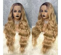 Synthetic Lace Front Wig Ombre Blonde Cosplay Wig For Women Long Wavy 26 inch Body Wavy Brown Root Glueless Curly Wig-Ombre Blonde-180%-Lace Front-26inches