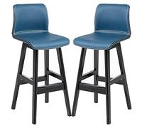 Synthetic Leather Counter Height Stools, Barstools with Backs and Wood Legs Tall Kitchen Chairs for Pub Cafe Bar (Blue-2ps,72cm/28.3in)