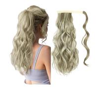 Synthetic Long Wavy Ponytail Hairpiece Wrap On Clip Hair Extensions With Bangs Clips Front Two Side Fringe For Women for Daily Use(Mix ash blonde,16inches)