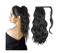 Synthetic Long Wavy Ponytail Hairpiece Wrap On Clip Hair Extensions With Bangs Clips Front Two Side Fringe For Women for Daily Use(Black hair,16inches)