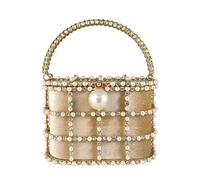 Synthetic Pearl Top-Handle Women Metal Bucket Bag Crystal Evening Purses and Clutches Formal Wedding Handbags, Mil1386 Gold, M