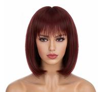 Synthetic Pink Short Bob Wigs With Bang Straight Wig Grey 10" Hair Wigs For Natural Brown Black Women 's Afro Wigs-Wine-10inches